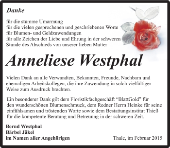 Traueranzeige von Anneliese Westphal von Mitteldeutsche Zeitung Quedlinburg