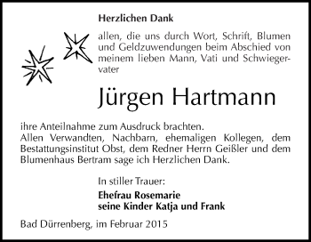 Traueranzeige von Jürgen Hartmann von WVG - Wochenspiegel Merseburg
