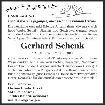 Traueranzeige von Gerhard Schenk von Super Sonntag Zeitz
