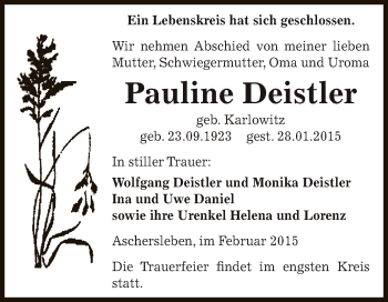 Traueranzeige von Pauline Deistler von Super Sonntag Aschersleben