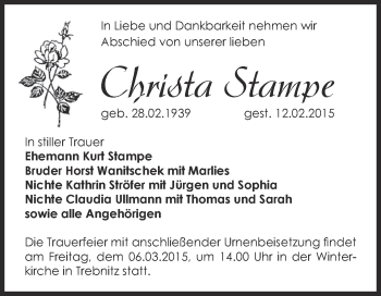 Traueranzeige von Christa Stampe von Super Sonntag Bernburg