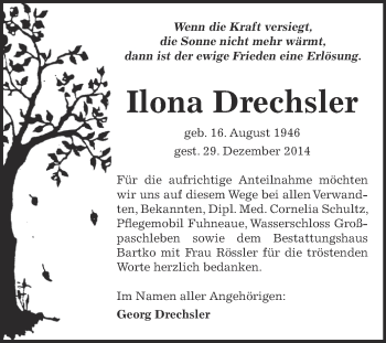 Traueranzeige von Ilona Drechsler von WVG - Wochenspiegel Dessau / Köthen