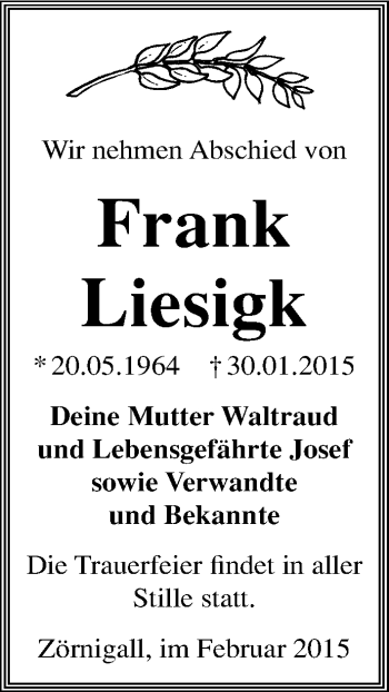 Traueranzeige von Frank Liesigk von Mitteldeutsche Zeitung Wittenberg