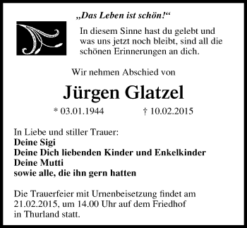 Traueranzeige von Jürgen Glatzel von Mitteldeutsche Zeitung Bitterfeld