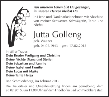 Traueranzeige von Jutta Golleng von WVG - Wochenspiegel Wittenberg