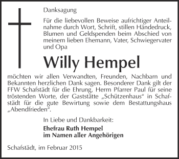 Traueranzeige von Willy Hempel von WVG - Wochenspiegel Merseburg