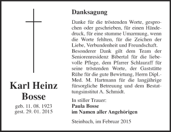 Traueranzeige von Karl Heinz Bosse von WVG - Wochenspiegel NMB / WSF / ZTZ