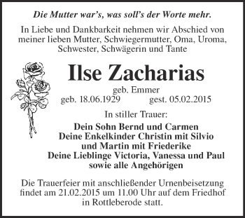 Traueranzeige von Ilse Zacharias von WVG - Wochenspiegel Merseburg