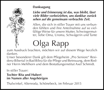 Traueranzeige von Olga Rapp von Mitteldeutsche Zeitung Naumburg/Nebra