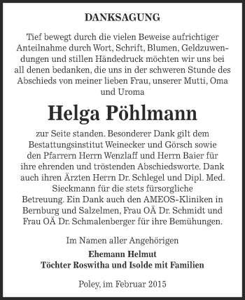 Traueranzeige von Helga Pöhlmann von Super Sonntag Bernburg
