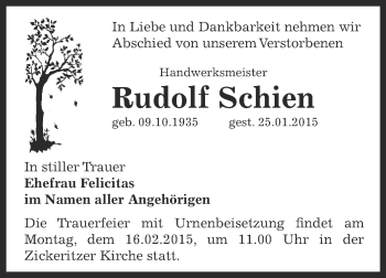 Traueranzeige von Rudolf Schien von Super Sonntag Bernburg