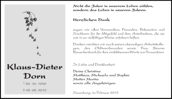 Traueranzeige von Klaus-Dieter Dorn von Mitteldeutsche Zeitung Naumburg/Nebra