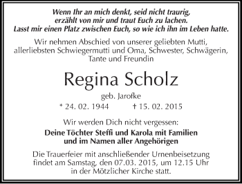 Traueranzeige von Regina Scholz von Mitteldeutsche Zeitung Halle/Saalkreis