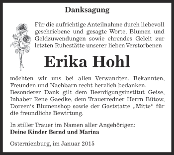 Traueranzeige von Erika Hohl von WVG - Wochenspiegel Dessau / Köthen
