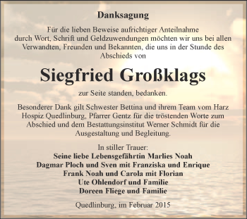Traueranzeige von Siegfried Großklags von WVG - Wochenspiegel Quedlinburg
