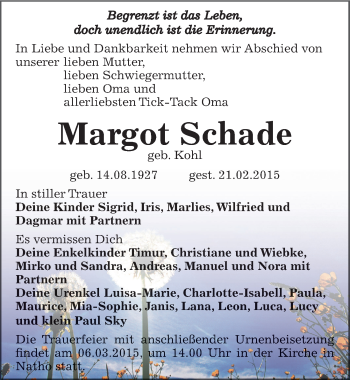 Traueranzeige von Margot Schade von Mitteldeutsche Zeitung Dessau-Roßlau