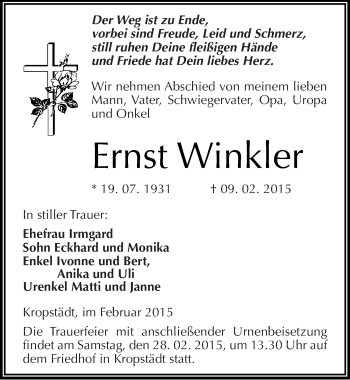 Traueranzeige von Ernst Winkler von Mitteldeutsche Zeitung Wittenberg