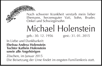 Traueranzeige von Michael Holenstein von Mitteldeutsche Zeitung Merseburg/Querfurt