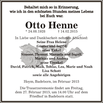 Traueranzeige von Otto Henne von Super Sonntag Aschersleben