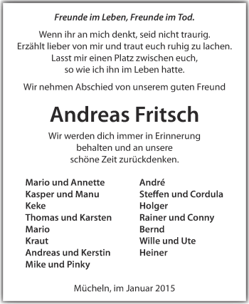 Traueranzeige von Andreas Fritsch von WVG - Wochenspiegel Merseburg