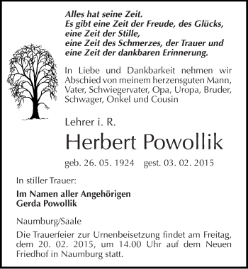 Traueranzeige von Herbert Powollik von Mitteldeutsche Zeitung Naumburg/Nebra