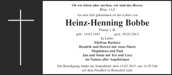 Traueranzeige von Heinz-Henning Bobbe von WVG - Wochenspiegel NMB / WSF / ZTZ