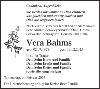 Traueranzeige von Vera Bahms von WVG - Wochenspiegel Wittenberg