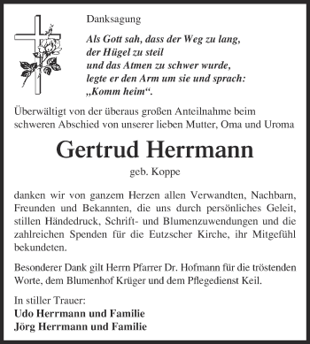 Traueranzeige von Gertrud Herrmann von Super Sonntag Wittenberg