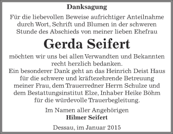 Traueranzeige von Gerda Seifert von WVG - Wochenspiegel Dessau / Köthen
