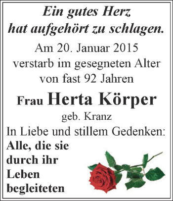 Traueranzeige von Herta Körper von Super Sonntag Zeitz