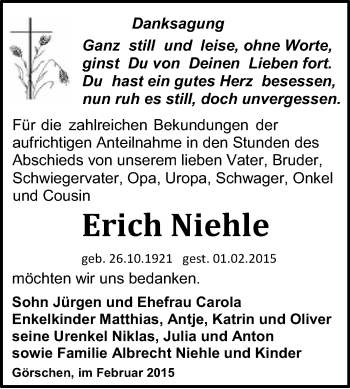 Traueranzeige von Erich Niehle von WVG - Wochenspiegel NMB / WSF / ZTZ