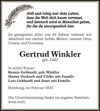 Traueranzeige von Gertrud Winkler von Super Sonntag Bernburg