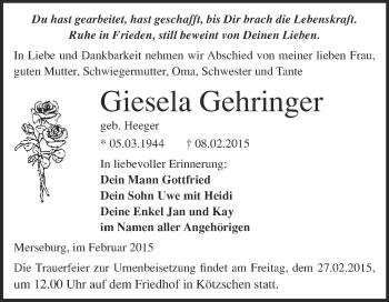 Traueranzeige von Giesela Gehringer von WVG - Wochenspiegel Merseburg