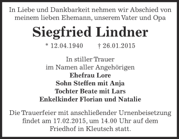 Traueranzeige von Siegfried Lindner von WVG - Wochenspiegel Dessau / Köthen