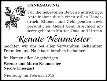 Traueranzeige von Renate Neumeister von Mitteldeutsche Zeitung Bernburg