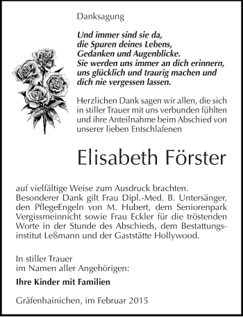 Traueranzeige von Elisabeth Förster von Mitteldeutsche Zeitung Wittenberg