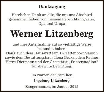 Traueranzeige von Werner Litzenberg von Super Sonntag SGH Mansf. Land