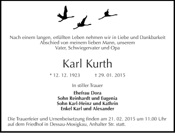 Traueranzeige von Karl Kurth von Mitteldeutsche Zeitung Dessau-Roßlau
