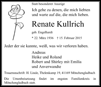 Traueranzeige von Renate Kullrich von Mitteldeutsche Zeitung Halle/Saalkreis