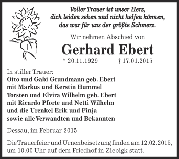 Traueranzeige von Gerhard Ebert von WVG - Wochenspiegel Dessau / Köthen