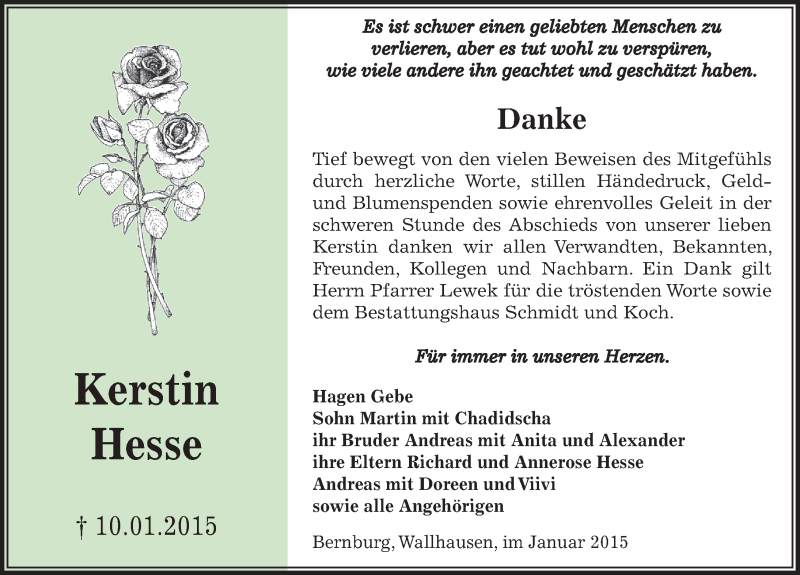  Traueranzeige für Kerstin Hesse vom 14.02.2015 aus Mitteldeutsche Zeitung Sangerhausen