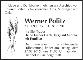 Traueranzeige von Werner Politz von Super Sonntag Bernburg