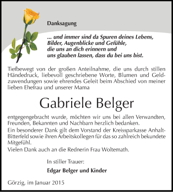 Traueranzeige von Gabriele Belger von WVG - Wochenspiegel Dessau / Köthen