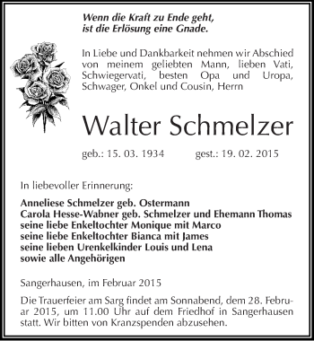 Traueranzeige von Walter Schmelzer von Mitteldeutsche Zeitung Sangerhausen