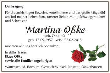 Traueranzeige von Martina Oßke von Super Sonntag SGH Mansf. Land