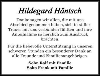 Traueranzeige von Hildegard Häntsch von Mitteldeutsche Zeitung Bernburg
