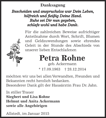 Traueranzeige von Petra Rohne von WVG - Wochenspiegel SGH