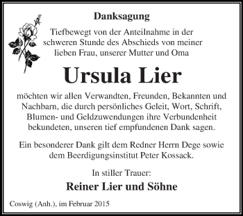 Traueranzeige von Ursula Lier von WVG - Wochenspiegel Dessau / Köthen