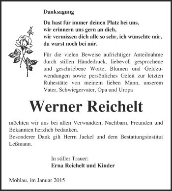 Traueranzeige von Werner Reichelt von WVG - Wochenspiegel Wittenberg