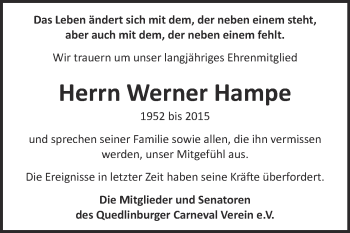 Traueranzeige von Werner Hampe von Super Sonntag Quedlinburg